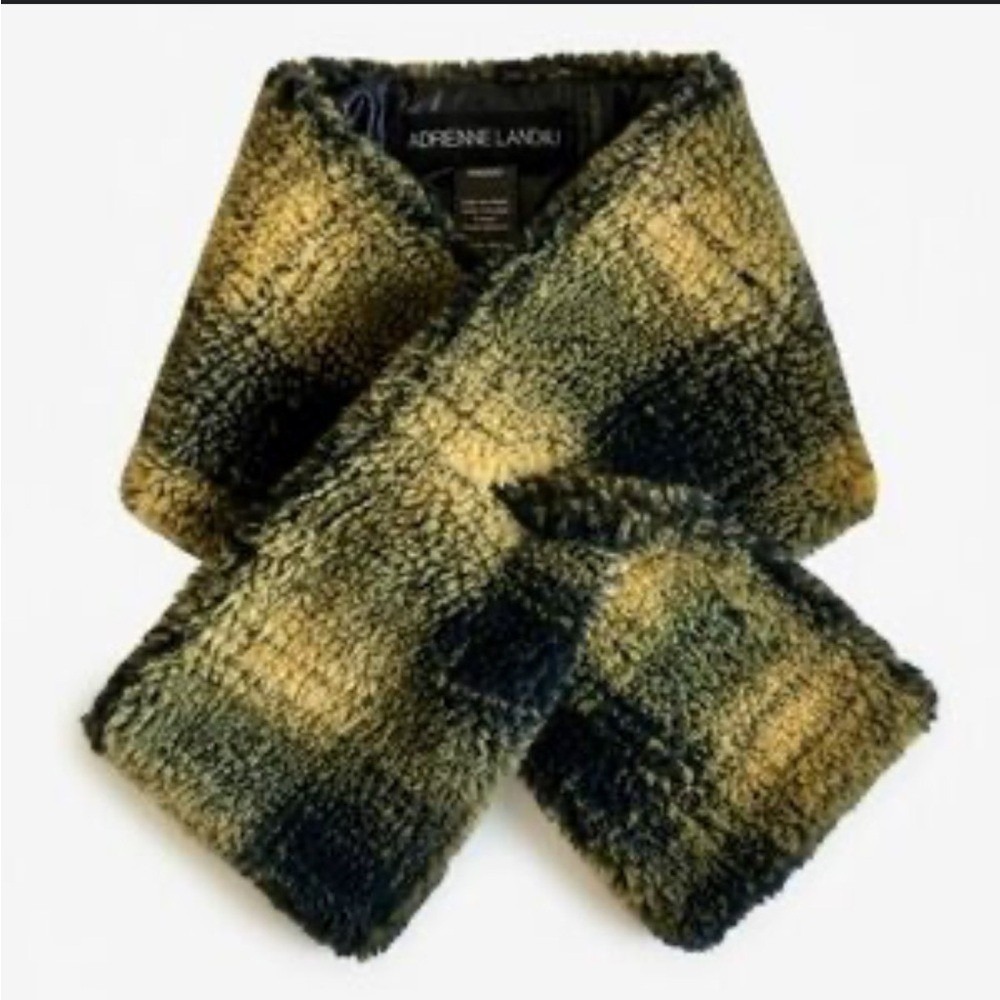 Adrienne‎ Landau faux fur pull-thru scarf plaid checkered yellow black NWT